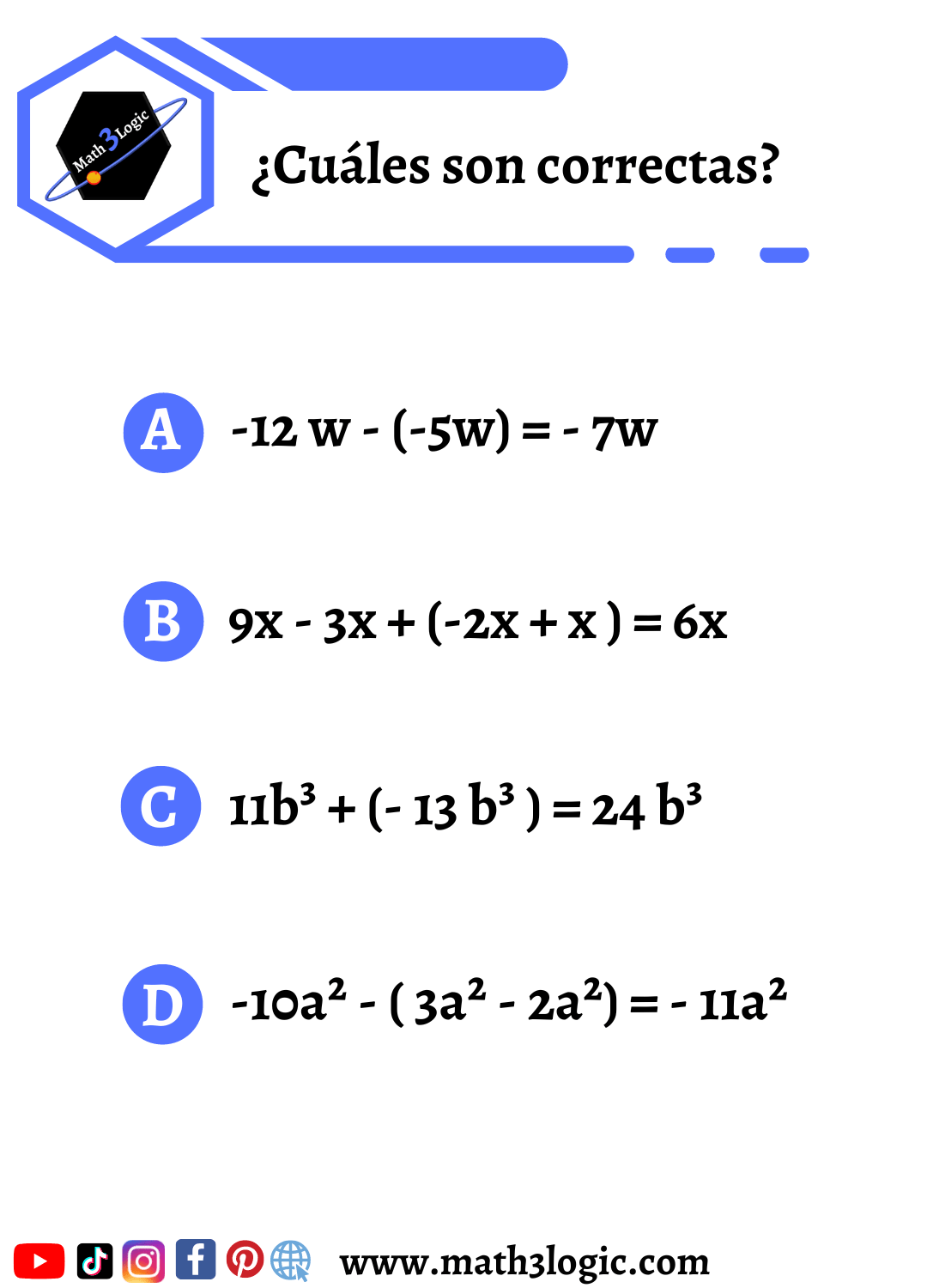 Ejercicios sobre suma y resta de monomios math3logic 6