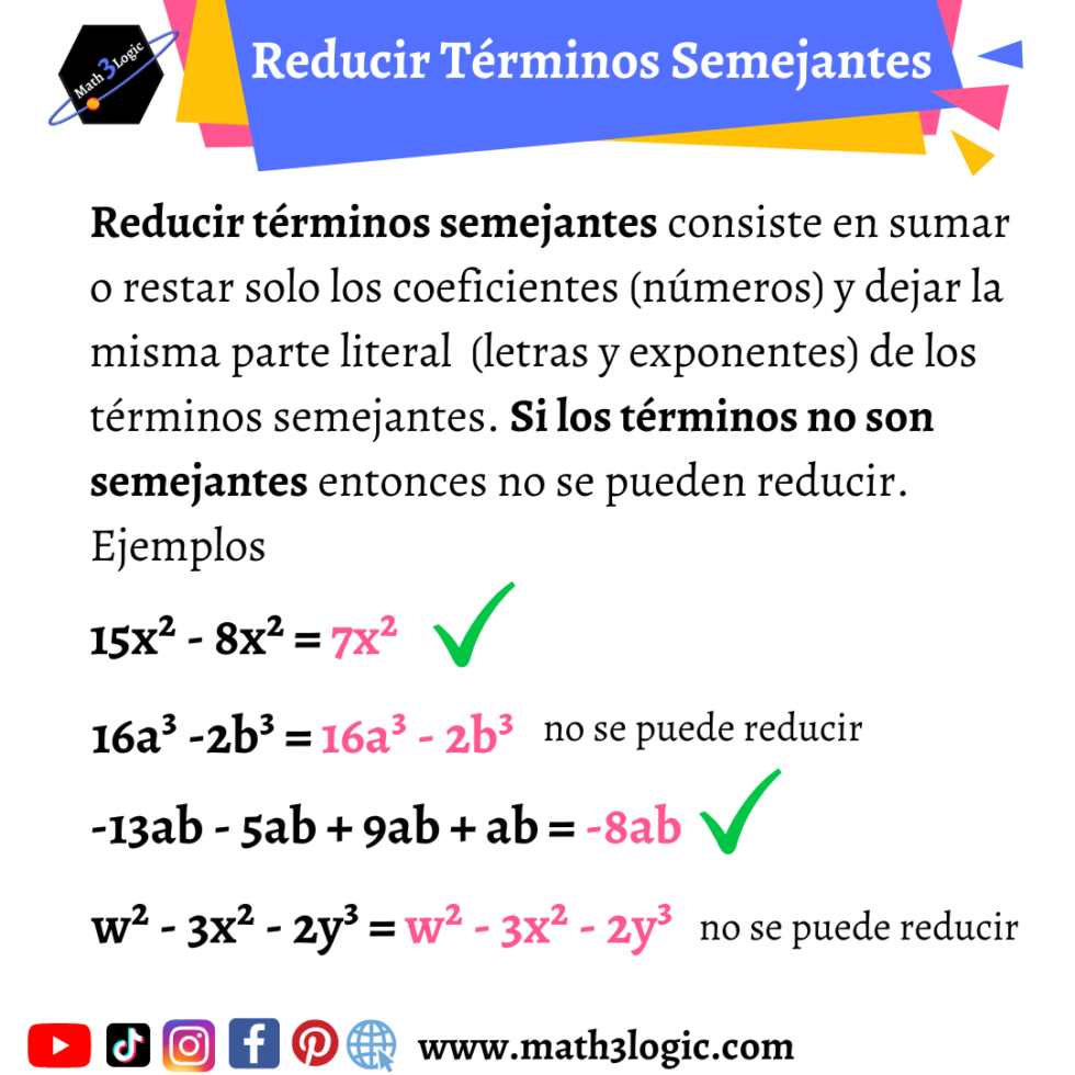 Suma Y Resta De Monomios Reducir Términos Semejantes De Forma Sencilla Paso A Paso Math3logic 1862